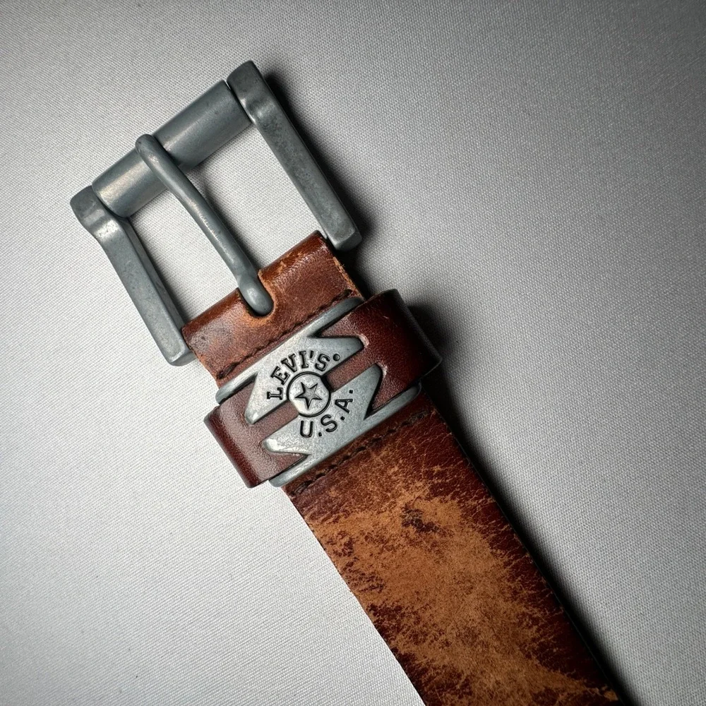 Levis Leather Belt‎ Mens 38 Brown Full Grain USA Western Metal Star